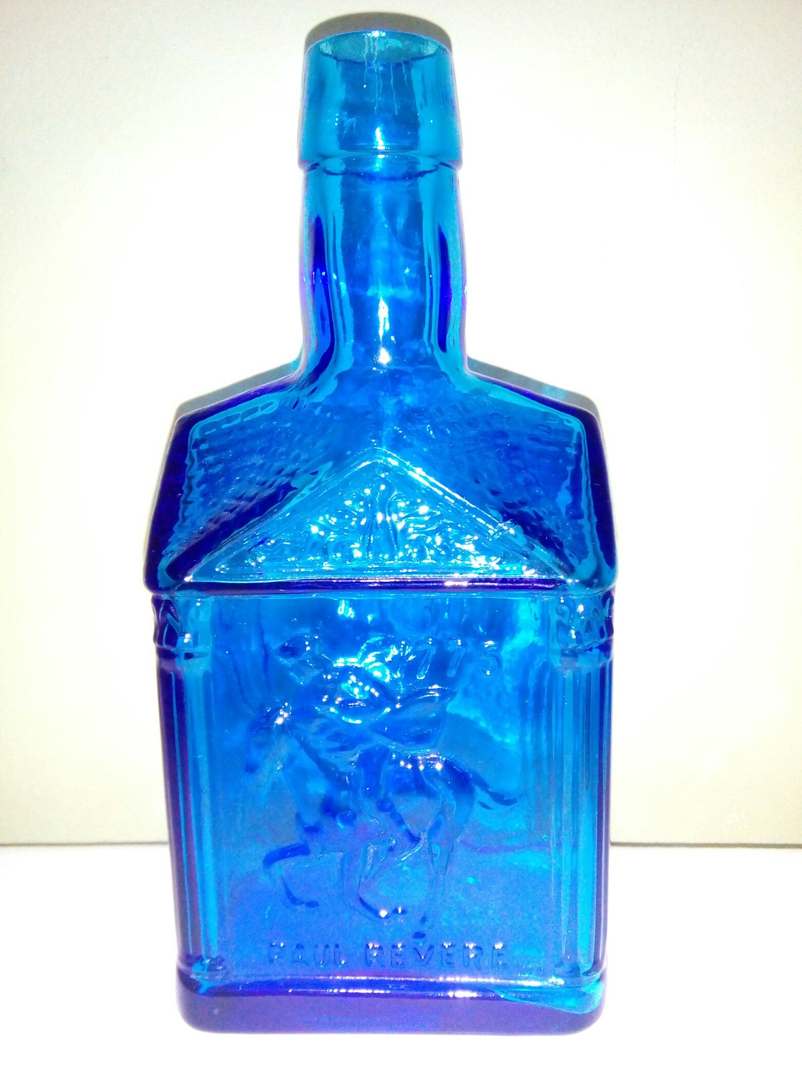 Wheaton Blue Bottle 1775 Paul Revere Ride Embossed Pressed Glass