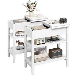 End Table White, Narrow Side Table with Storage Shelves, Flip Top Sofa Table Bedside Table for Living Room Small Space