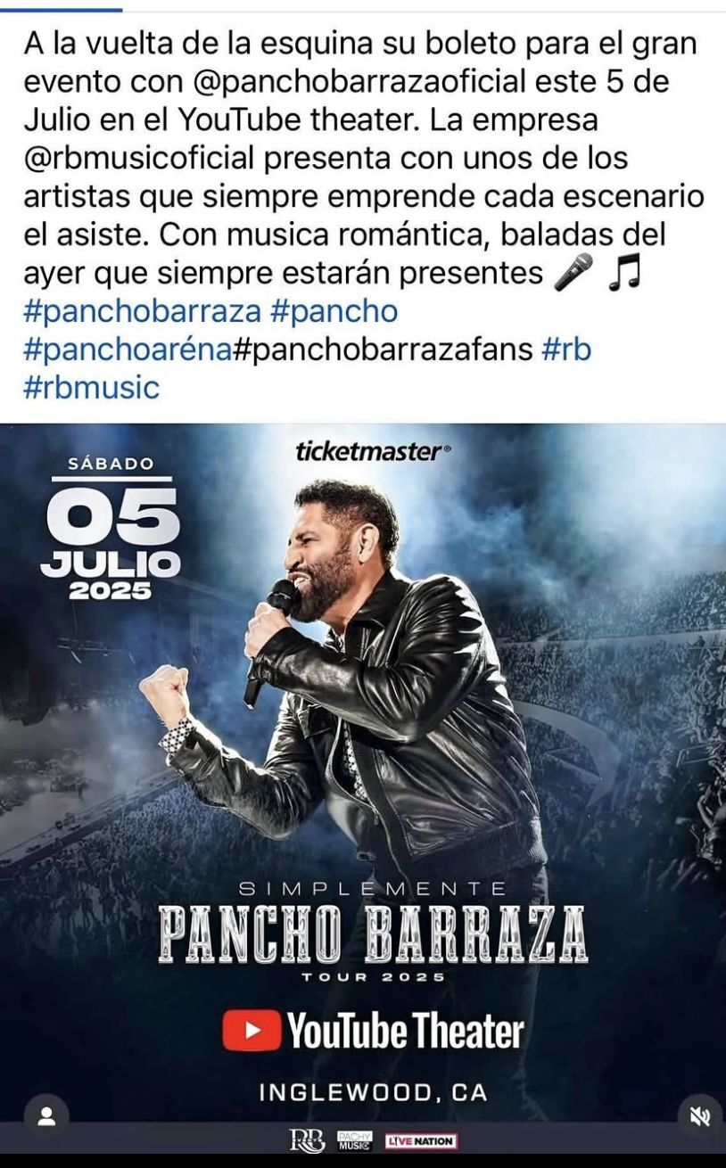2 tickets Pancho Barraza concierto