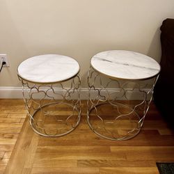 2 White & Gold Marble End Tables 