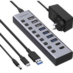 Hub USB 3.0 USB C alimentado, puerto USB 10 de aluminio con Ethernet, adaptador de CA de 12 V/5 A, 3 puertos de carga USB, 4 USB 3.0, 2 puertos de dat