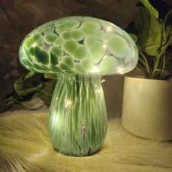 Confetti glass large green mushroom fairy light nwt A+J by Aida Jade spotted stripped home decor battery operated led light takes 2 AAA batteries (not