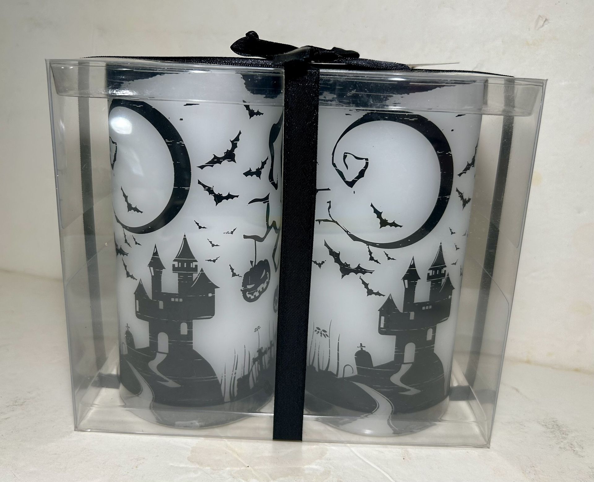 Halloween Set Of 2 Spooky Scenes Battery Powered Pillar Candles NWT