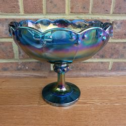 Iridescent Blue Carnival Glass Compote by Indiana Glass