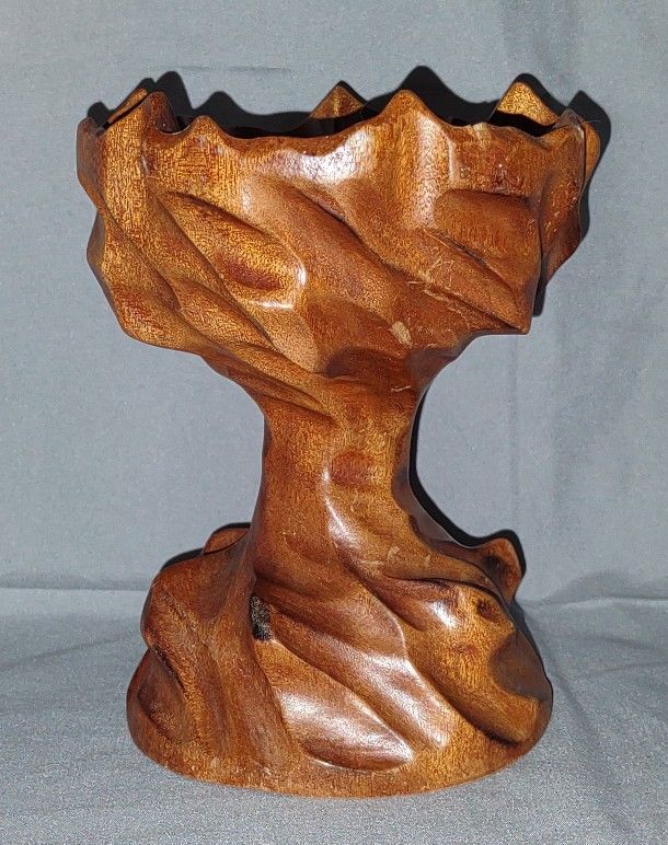 Vintage Burlwood Hand Carved & Burned Pedestal Candle Holder 5.75x4"