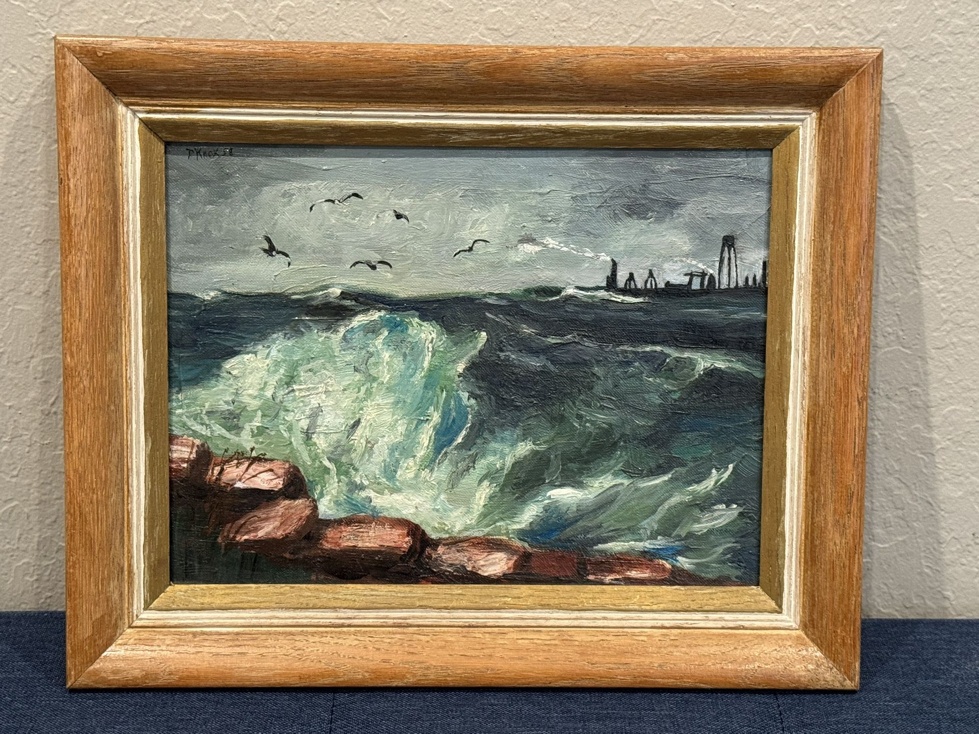 Incredible MCM 1958 Expressionist Stormy Seascape Oil Painting signed "P. Knox"