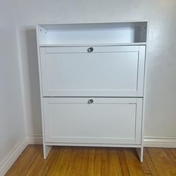 New Shoe Storage Cabinet with 2 Flip Drawers, Open Storage & Crystal Handle, Narrow Shoe Rack, White