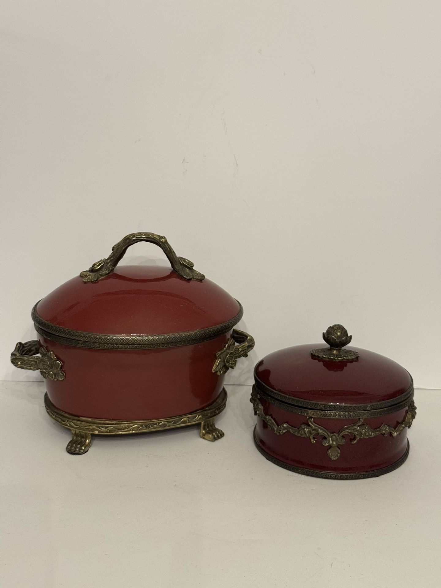 Set of Vintage Burgundy Beautiful Ceramic Bowls w/Brass Decor and Lids