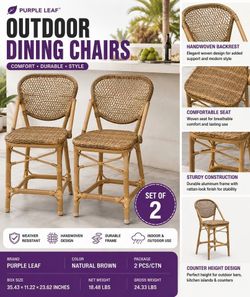 Modern Woven Counter Height Bar Stools Set of 2 | Rattan Kitchen Island Chairs with Arms