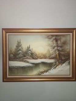 Oil painting of a snowy river landscape, signed by Victor Boll,  24X36, $75.00 final price