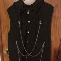 New With Tags Hot Topic Collision Black Denim Vest Hoodie With Chains Size 2XL