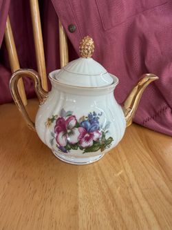 Decorative Vintage Blue Pink Floral Ceramic Teapot - Heavy Gold Gilt - 6" - gold wearing off in spots on lid. Inside lip has tiny chip see pics