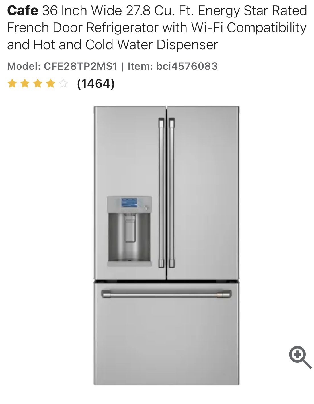 GE CFE28TP2MS1 Cafe 36” 27.8 Cu Ft French Door Refrigerator With Hot & Cold Water Dispenser
