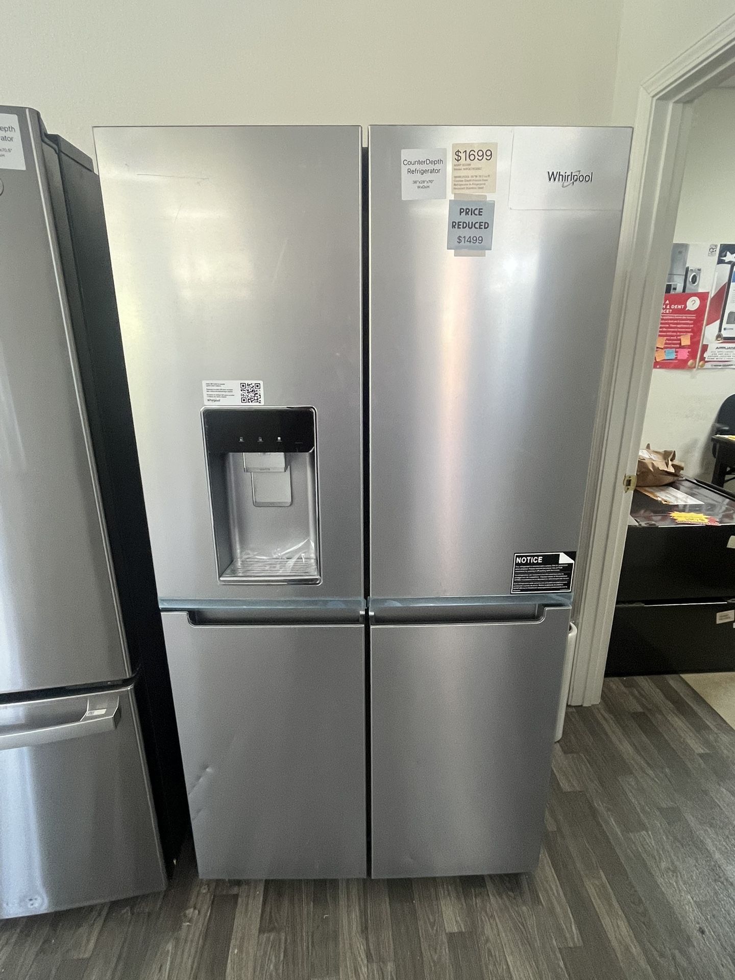 Whirlpool 36”W French Door Fridge, Open, Box, One Year Warranty