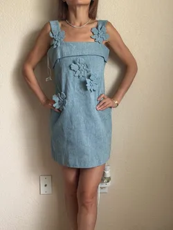 FOREVERCAN Light Blue Denim Floral Applique Mini Dress S New With Tags