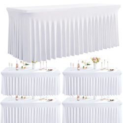 White Spandex Table Clothes for 6 Foot Rectangle Tables-4Pack 6FT Spandex Fitted Table Cover, Wrinkle Free Tablecloths with Skirt for Parties, Wedding