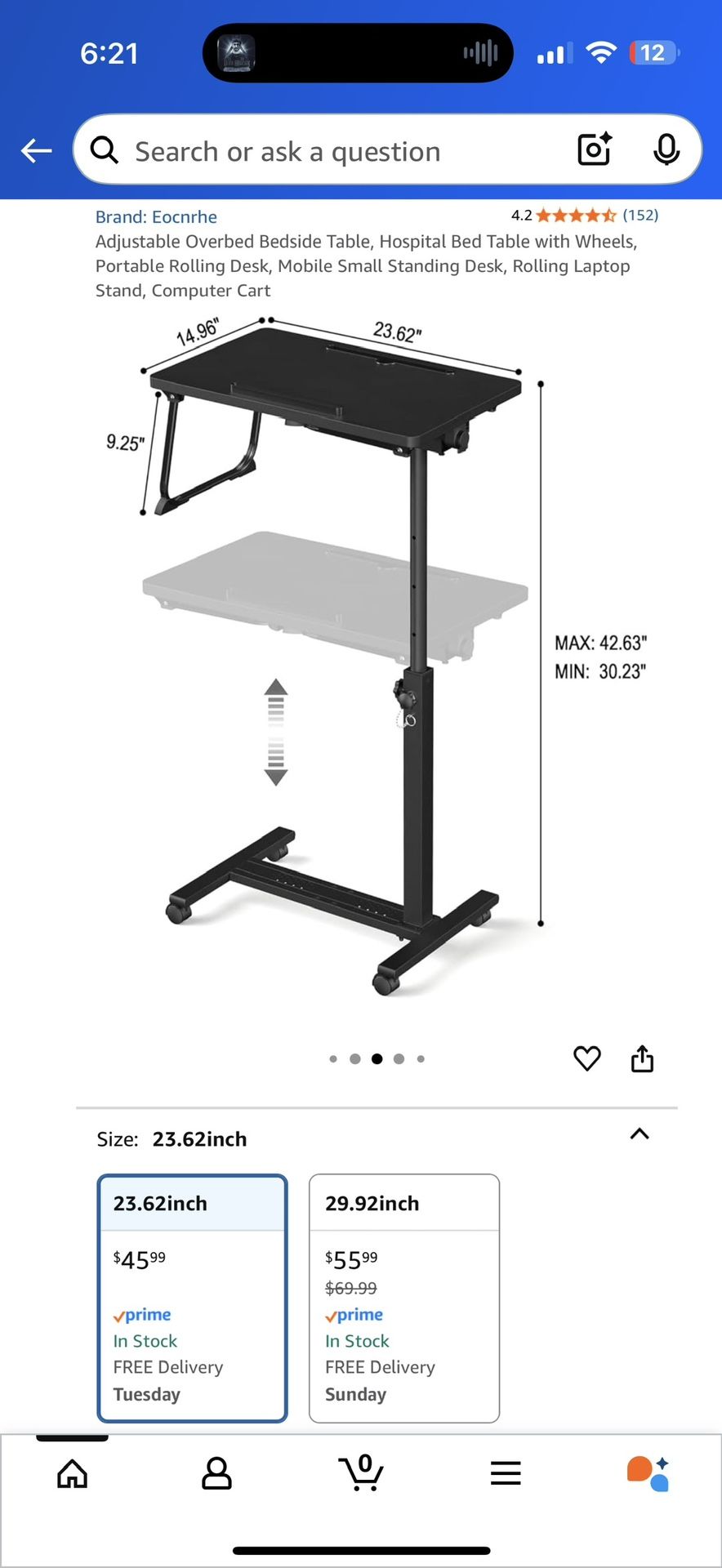 Adjustable Overbed Bedside Table, Hospital Bed Table with Wheels, Portable Rolling Desk, Mobile new $29 