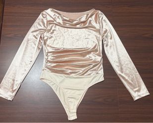 Shein Champagne Satin Cowl Neck Ruched Bodysuit Size M