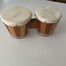 Vintage Set Of Bongo Drums White Rawhide And Wood In Great Condition 
