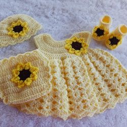 Crochet Baby Girl Yellow Sunflowers Heirloom Dress Set Photo Prop Shipping Available