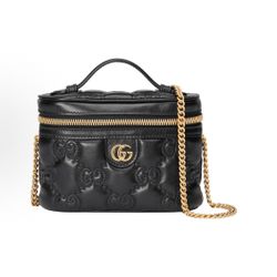 GUCCI GG Matelassé Gold Logo Chain Design Leather Handle Bag Makeup Box Shoulder Bag Handbag Mini Women's Black(177)78