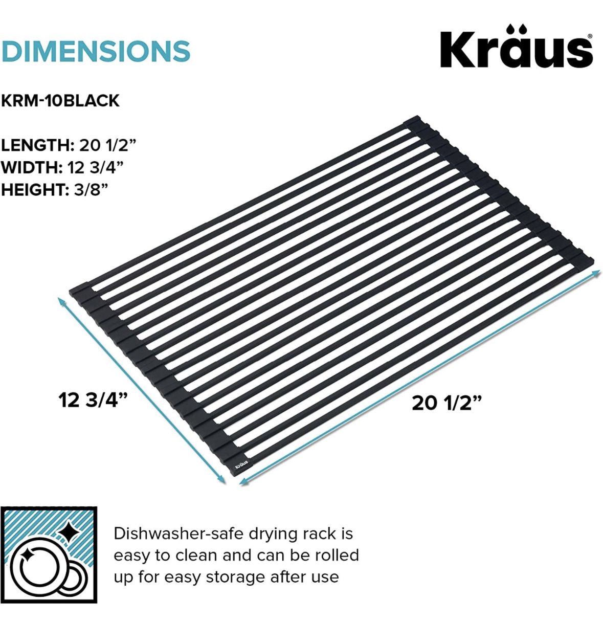 KRAUS Multipurpose Over-Sink Roll-Up Dish Drying Rack, Colander and Trivet in Black, KRM-10BLACK