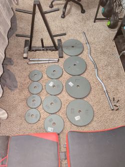 Gym equipment - weights, bar, bench, weight rack