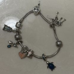 Pandora Silver Charm Bracelet OUT OF BOX w/ Heart, Turtle charm +9 more charms