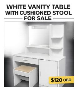 White Vanity Desk with Mirror, Storage & Cushioned Stool