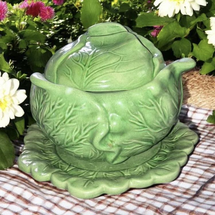 Vintage Holland Mold Cabbage Lettuce Bowl & Lid with Serving Plate Green Signed vegetarian vegan Thanksgiving