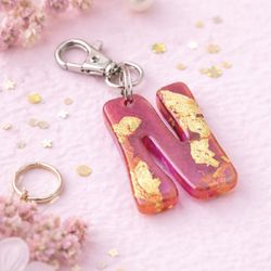 Letter N, Pink Resin Keychain 