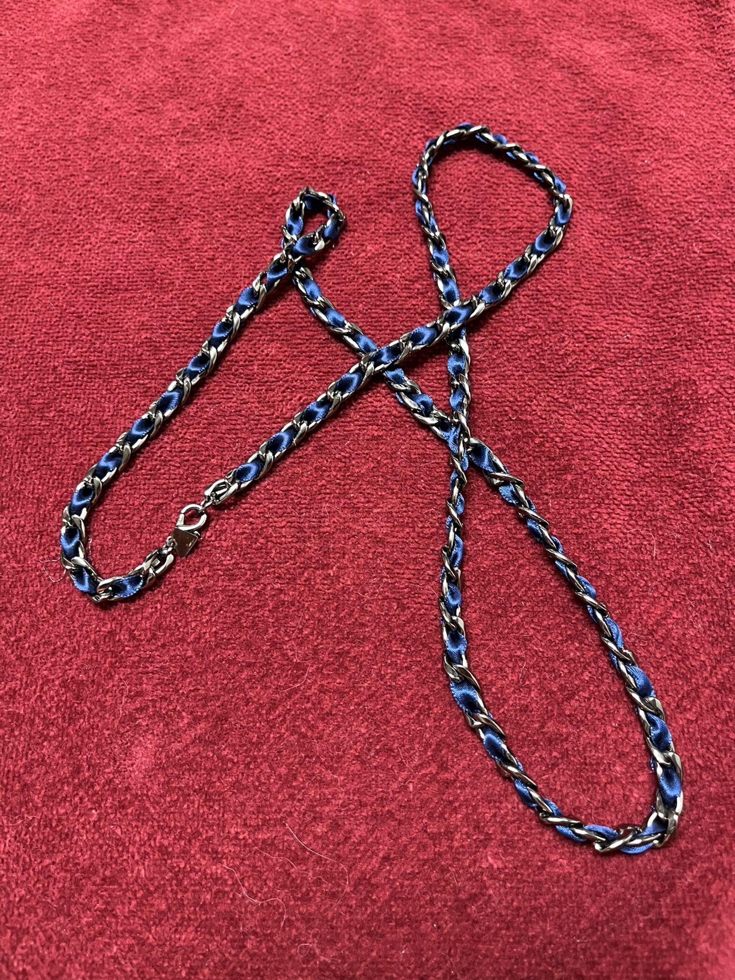 Cookie Lee Necklace Gunmetal Silver Threaded Blue Ribbon Accent