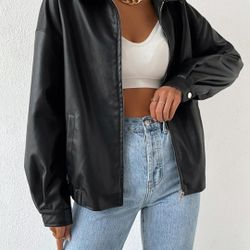 SHEIN EZwear Drop Shoulder Zip Up PU Jacket