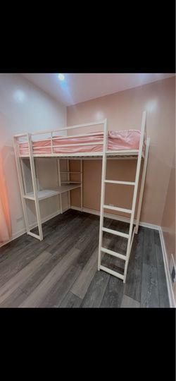 White Metal Loft Bed with Desk and Shelves