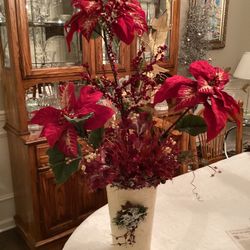Poinsettia floral arrangement in tin decorative container 32”T x 23”W - great condition!