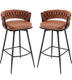 Set of 2 180° Swivel Barstools with Woven Back and Footrest