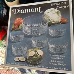 vintage Arcoroc France "Diamant" tempered glass salad bowl set.
