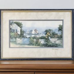 Framed Coastal Village Painting by Pam Carroll