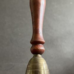 Vintage Brass School Bell With Reddish-Brown Wooden Handle 