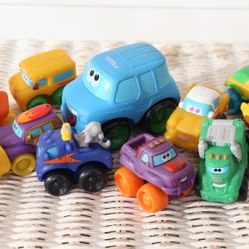 Squeezie Vehicles Set #3 - Baby/ Toddler Toy Cars & Trucks, Vintage Tonka & Playskool, School Bus, Garage Truck, ATV, Dump Truck, Backhoe, Van, Etc. 