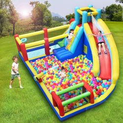 Inflatable Playground Backyard Water Park with Climbing Wall, Splash Pool, Water Cannon, Basketball Rim, Soccer Goal, Heavy Duty Blower, Water Sprinkl