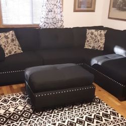 New Black Sectional Sofa Couch Ottoman 
