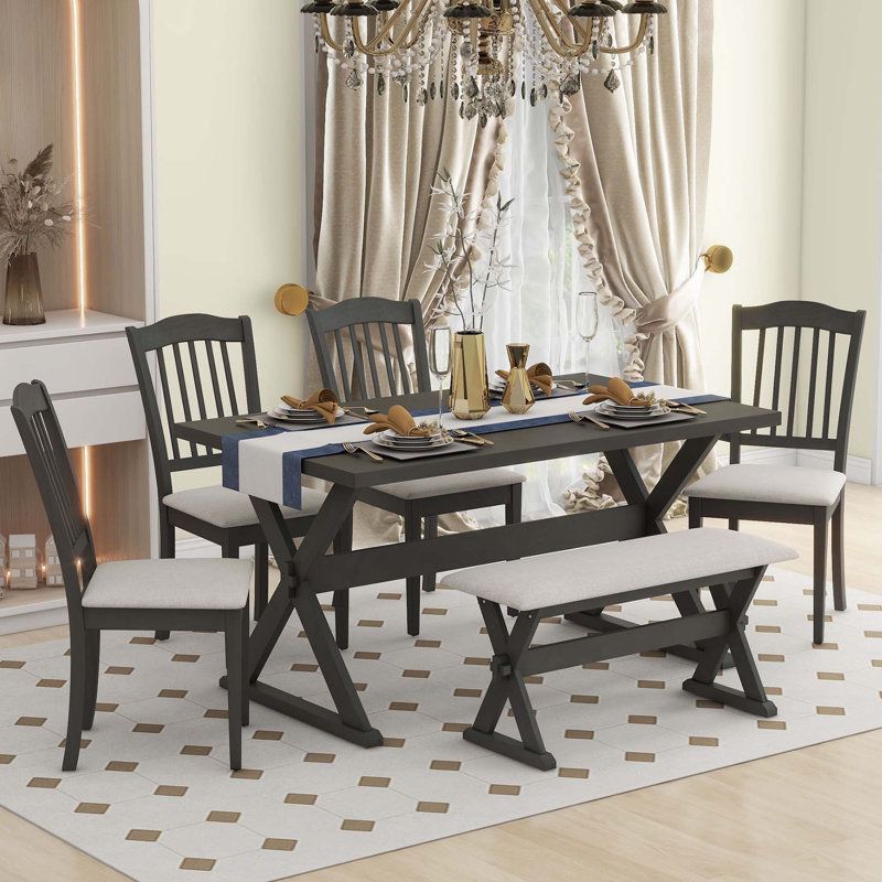6-Pc Gray Dining Set:  Solid Wood Trestle Table / 4 Upholstered Chairs / Bench [NEW IN BOX] **Assembly Req'd**
