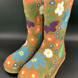 RARE 🔥 UGG Womens 7 Wahine Boot Chestnut Suede Embroidered Multi Flowers