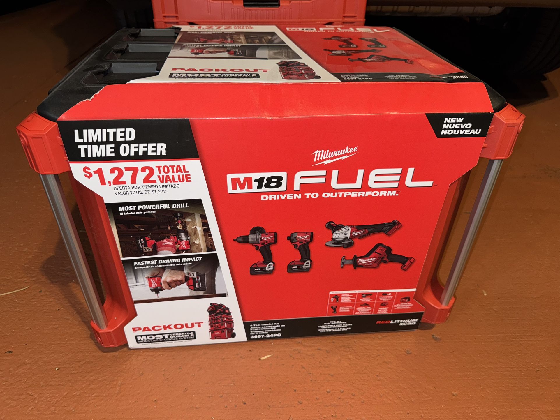 🔥🚨Milwaukee M18 FUEL Brushless Cordless Combo Kit w/ (2) 5.0 Ah Battery, Charger, & PACKOUT Tool Box (4-Tool)