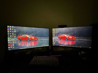 3 PC monitors, 2-240hz and 1-165hz and also two Floating arm stand for the monitors