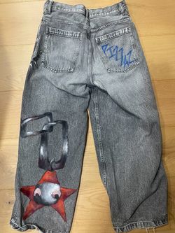 Custom Painted Gray Wide-Leg Denim Jeans