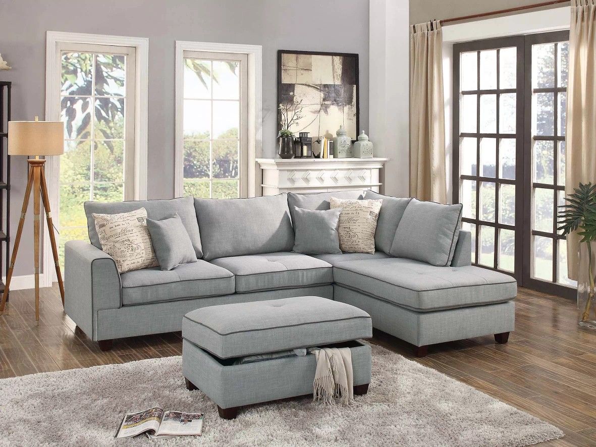 Brand New Light Grey Sectional Sofa w Storage Ottoman