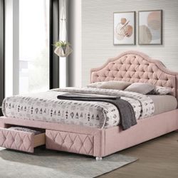 GLAM PINK BOUCLE FABRIC FULL SIZE BED FRAME PLATFORM STYLE STORAGE DRAWERS 