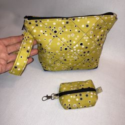 Zipper Pouch Bag Set, Handmade, Mustard/Navy Polka Dots